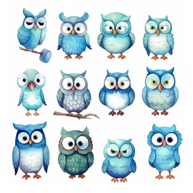 Watercolor happy owls, clipart, isolated on white background