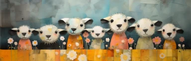 a row of cute miniature lambs, a collage of mixed media art made with tissue paper, magazine and newspaper clippings, oil paint, graphite pencil lines and fabric, in the style of playful surrealism, whimsical, washi tape