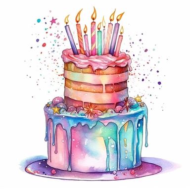 whimsical watercolor of an amzing magical birthday cake clip art