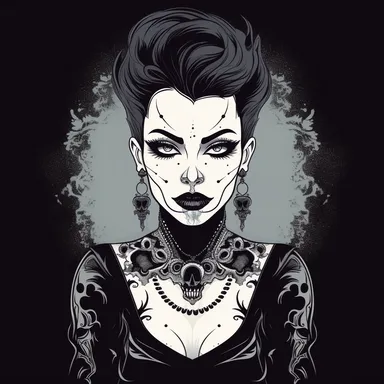 poster art of a person standing in front of a dark and mysterious background, The person should be dressed in a gothic style, with bold makeup, piercings, tattoos, and edgy clothing. posture should be confident, with their head held high and a look of determination on their face. clipart, vector, cartoon