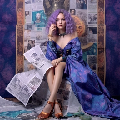 Amethyst Amaris art, astrology reading in the newspaper for aries, fifth house in astrology, neptune, uranus, capricorn, north node in capricorn, news paper clippings textile background with denim, allegory, allegory of light, Capo di tutti capi, french japanese, kanji script, photographer David LaChapelle, art dealers, toyen, dada, Alexander Mcqueen, Maison Margiela, John Galliano, ? evil eye bindi tattoo on forehead, ??‍♀️?‍♀️??‍♀️, ??, ??, uncolonized, theme Amethyst Amaris and japonisme, Sch