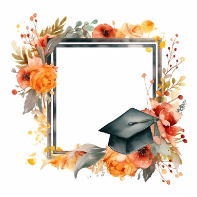frame with graduation caps and flowers, watercolor style, clipart