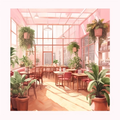 commercial shot of illumination of realistic vintage pink pastel french cozy cafe clipart, cute plants , french cafe, with plants plants, god rays, high quality, intricate design, clipart witchcore dreamcore cottagecore white background no text, isolated on white, ghibli style, award winning