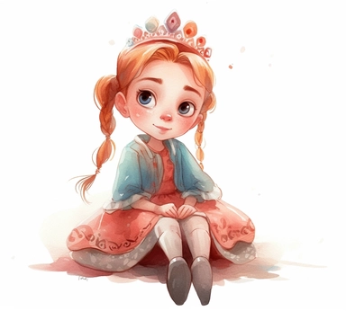 cute adorable little Polish princess character watercolor clipart, full body, disney, pixar