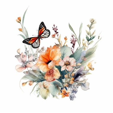 bright watercolor wild floral and butterflies clip art design for wedding invitations with a thick black outline and white background
