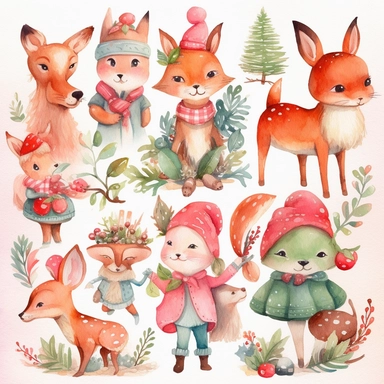 Create a set of watercolor clipart images with a whimsical Christmas theme. Include elements such as cute animals in festive costumes, playful elves, and magical Christmas scenes. The images should have a playful, lighthearted feel with clear lines and bright, cheerful colors. The clipart should be perfect for use in children's holiday crafts and other whimsical projects.