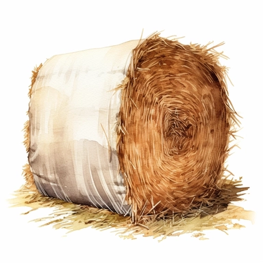 realistic watercolor drawing of a bale of hay on a cotton field, on a white background where the background will be removed to repurpose as a clipart.