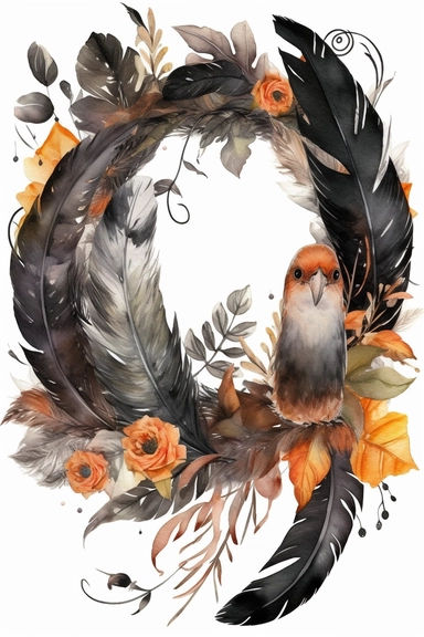 Halloween clipart, black feather Delicate watercolor illustration, White background, Cozy, clear picture, 8k, hd, isolatee on a white background, Wreath, Frame Clip Art