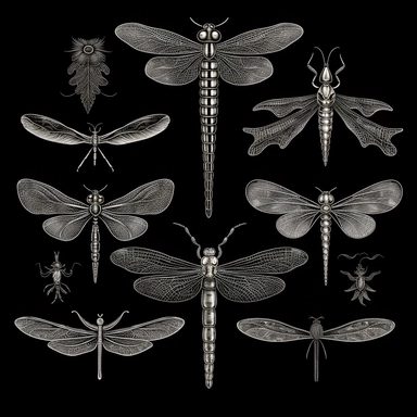 hand drawn dragonflies cliparts, single design, vector graphic, detail design, isolated on black