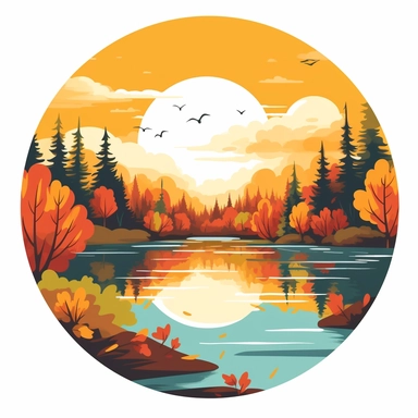 A serene lake surrounded by trees adorned with autumn foliage ,vector style graphic, positive vibe, clipart, single design, white background.