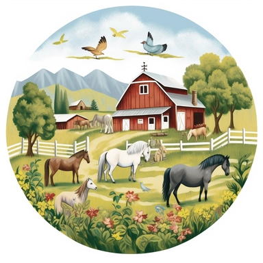 farm scene ponies, horses, clipart