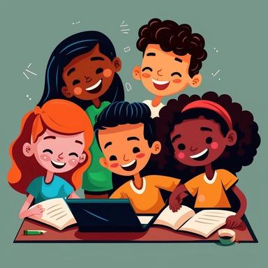 clipart of students working together and learning, smiling