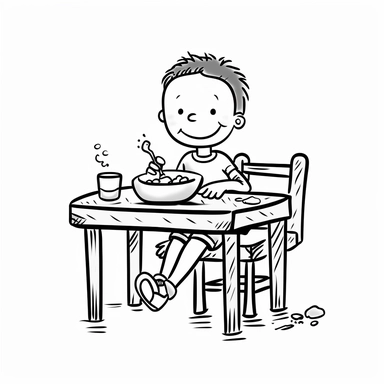 stick figure clipart, little boy stick figures, cute smiling, eating breakfast, sitting on a chair, breakfast on a table, isolated, black and white, low details, oneline art, white background,