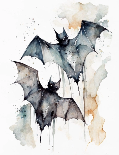 loose simple watercolor clipart of gothic bats, big washes, crisp lines, white bg, modern watercolor drawn by Thomas Smaller