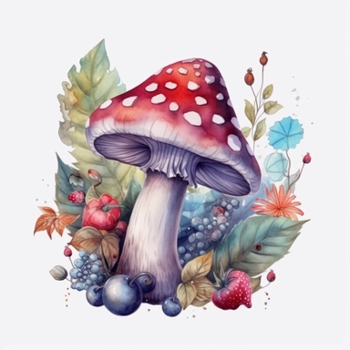 a watercolor magic mushroom clipart with berries and plants, in the style of psychedelic tableaux, illustration, 8k, white background, no comment