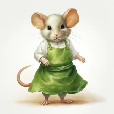 clipart vector image with plain white background of a watercolor painting of a white mouse standing. wearing a green skirt and a light green apron. extremely detailed.
