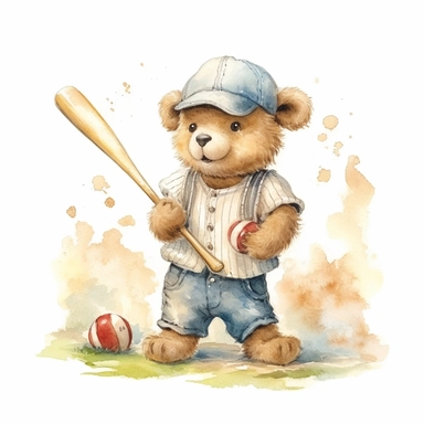 cute teddy bear wearing vintage baseball clothes and playing baseball on a baseball course on a great sunny day in Florida. Sublimation graphics, by Beatrix Potter, Watercolor clipart, single design, print on demand image, no watermark, PNG transparent background, white background, 8k
