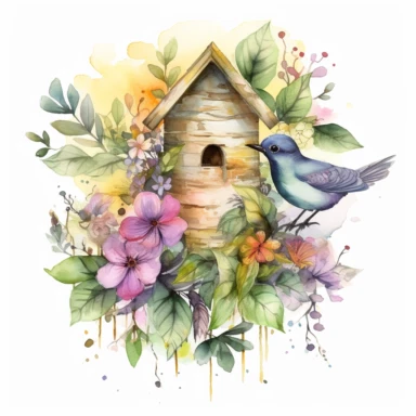 Watercolor illustration of a bird house, a flying bee, add lavender and pink flowers with green leaves, add yellow and gold watercolor splash in the background, hd, white background, clipart--ar3.2--s1000