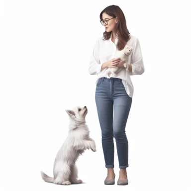 a woman is standing while holding a kitten, a dog is sitting in front of her and looking at her clipart, hyper realistic, high definition, white background