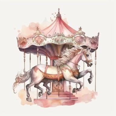 cartoon style horse carousel minimalistic, pink pastel colors, watercolor, clipart, single clipart, high resolution, very detailed, 8k