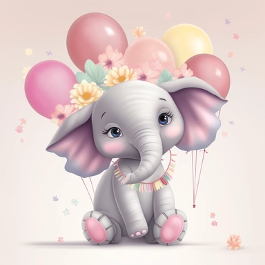 a detailed very colorful vector Clipart image sticker of a beautiful majestic magical floral smilling baby elephant and pastel pink balloons colors holding balloons with a white background, pastel light colors, fall colours, gold ropes, photorealistic, cinematic, Cinematic, Color Grading, Editorial Photography, Photography, Photoshoot, Shot on 70mm, Ultra-Wide Angle, Depth of Field, DOF, Tilt Blur, Shutter Speed 1/1000, F/22, Gamma, White Balance, Neon, Light, Dark, Light Mode, Dark Mode, High C