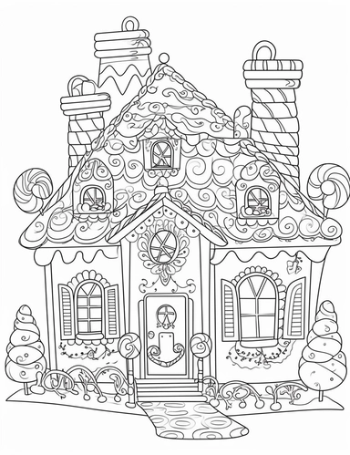 gingerbread house, clip art, coloring page, simple, line art, isolated on white background