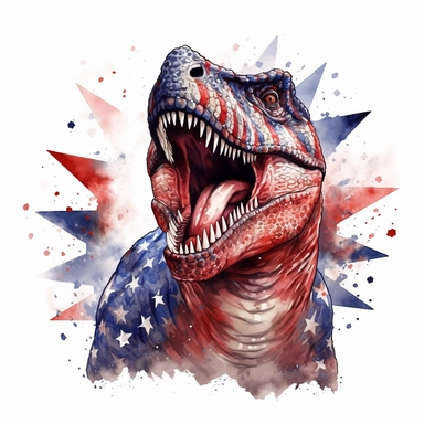 Realistic Dinosaurs illustration, black Giganotosaurus, patriotic pattern, Stars and Stripes, red, white, blue, watercolor, 2d game art, quadratura, clipart, on white background,