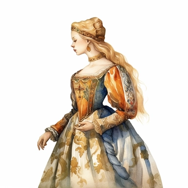 Imagine a watercolor clipart that depicts a young lady of high nobility from the medieval era. She stands in a somewhat side view, capturing her elegance and grace. Her attire is befitting her status, featuring a beautifully crafted gown with intricate details and luxurious fabrics. The watercolor technique brings a touch of whimsy and softness to the artwork. The brushstrokes dance across the paper, infusing the image with vibrant colors and delicate textures. Shades of blues, purples, and gold