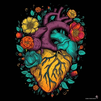 Gothic anatomical Black Heart Clipart with flowers, Anatomical Valentine digital-illustration. No Roots, no vines, no leaves, Solid Background. Flowers and the anatomical heart only. Thin black outline around heart and flowers. Bold, vibrant colors. Solid Background