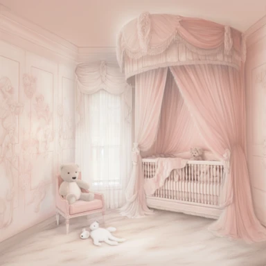 panoramic view, full view, darker color, beautiful elegant royal baby girl nursery room drawing painting, frilly, romantic, fantasy, ethereal, light pink and white colors, beautiful crib with beautiful full flowing perfect canopy, soft pink teddy bear, beautiful large Victorian style window with beautiful pink flowing drapes, faux fur rug, sharp focus, high detail, 8k, illustration clipart style, transparent background