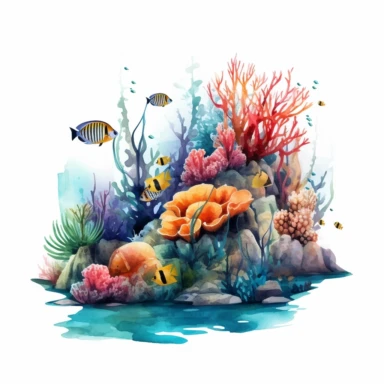 An underwater style over realistic beautiful coral reef in the sea with watercolor effect,sea plants,coral and mussel,underwater details,random colorful fishes,blue color,fade colors,suitable for digital clipart,white background no physical deformation , realistic features,full body,fantasy scene , white background