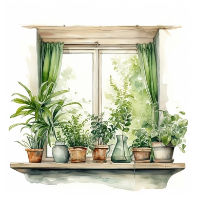home plants standing front of a big window with watercolor effect,suitable for digital clipart,white background,greenery plants,home style plants