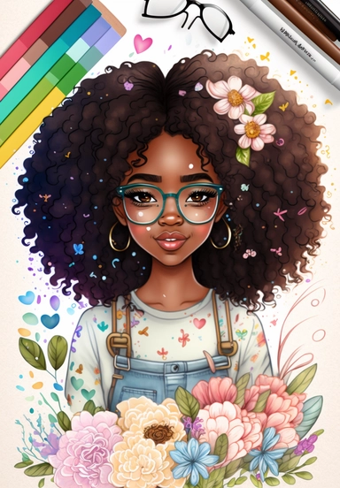 2d watercolor clipart kawaii, spring, april, character of beautiful african american woman, Intricately rendered dark Skinned woman, full body portrait, intricately rendered, 8k, long thick curls brown hair, sparkles, generously detailed, hyper realistic, digital, long rainbow eye lashes, beautiful retro comic urban chick, smart, books, nerdy, glasses, 8k,
