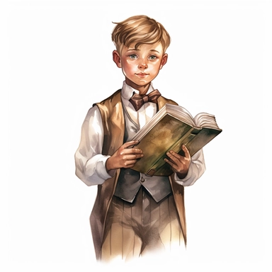 a watercolor of a realistic boy holding a book at his chest, victorian style, vector free clipart illustration, in the style of unreal engine 5, 32k uhd, detailed features, white background