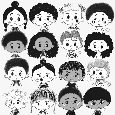 assorted feelings and emotions clipart, black and white, multi-ethnic children, facial expressions, cartoon style, marimekko minimalist white, kawaii, cute
