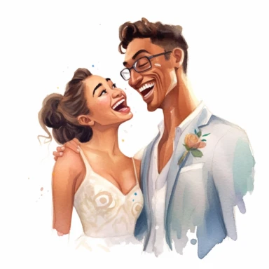Brown-skinned bride and Asian groom, laughing together during the reception, jovial and delighted, watercolor, Pixar style, Clipart on a white background.