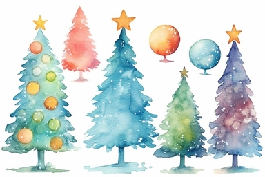 christmas tree and ornaments clipart illustration, in the style of textured pigment planes, whimsical watercolor, watercolor illustrations, commission for