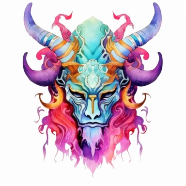 Solid white background, Detailed watercolor/alcohol ink magical demon amulet clipart. Isolated image. high key and with vivid colors