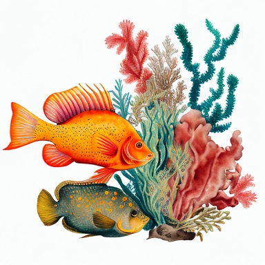 vintage colorful watercolor coral reef clipart a red lobster and a yellow flounder transparent background