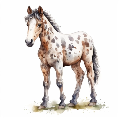 Appaloosa baby horse, highly detailed, watercolor, clipart, illustration, white background, digital painting, paper crafting, no signature, no text
