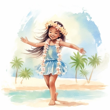 watercolour, beautiful soft colours, tropical island setting, showcase an adorable little Hawaiian girl doing the hula on the beach with her family, she feeling is happy, celebration, they are all wearing flowers in their hair, beautiful clipart style