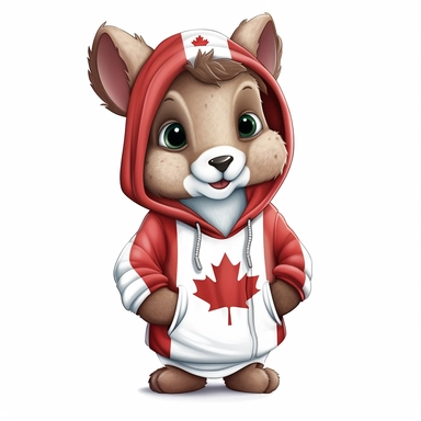 cute, happy cartoon squirell, wearing a hoodie covering ears, hoodie has a flag of Canada, with hands in the pockets, clipart, white background