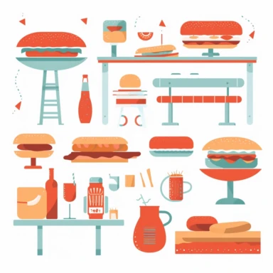 summer bbq clipart featuring grill, burgers, hot dogs, picnic tables,clipart, minimalist,bright colors,isolated white background, 8k