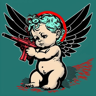 pop art baby sweat angel with machine gun K 112 drawing clipart animation realistic comic modern art