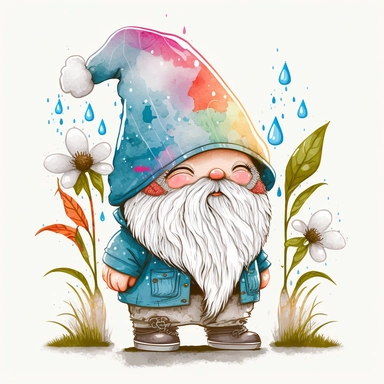 cute chibi happy gnome with big white beard, wearing spike hat, hat is covering the eyes, clipart, line art, in the style of Anni Betts + Christine Battuz, watercolor illustration style 8k, png