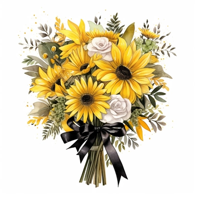 watercolor yellow and black birthday flower bouquet drawing, illustration clipart, high detailed, white background, digital art