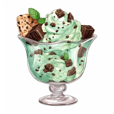 Watercolour of a mint choc chip Ice Cream in a glass bowl , Clipart,Cartoon,hyper realistic, intricate detail isolated on a white background, high quality, sublimation, detailed, cartoon style