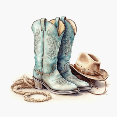 White background, Cowboy boots, clipart, Cowboy hat on shoes, pastel