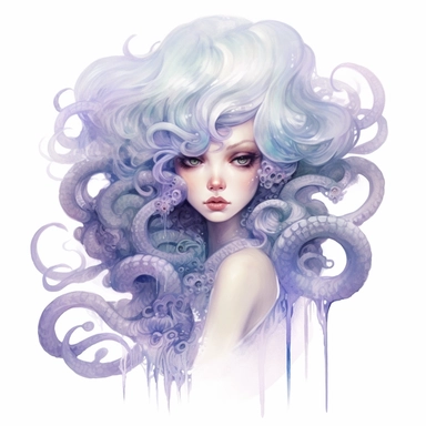 watercolor Ursula from Disney Little Mermaid, sea witch with a large octopus-like body, white short hair, clipart, white background, by Natalie Shau, by Kawacy