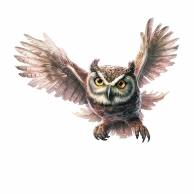 a clipart in the style of Bob Byerley of a magical woodland owl flying, isolated white background